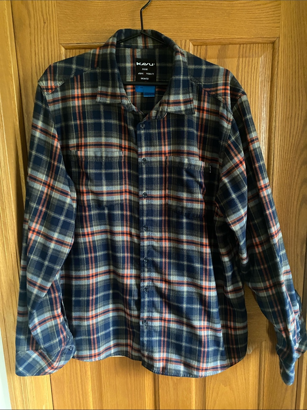 Kavu Men's Navy Plaid Button-Down Shirt with Cream and red Stripes